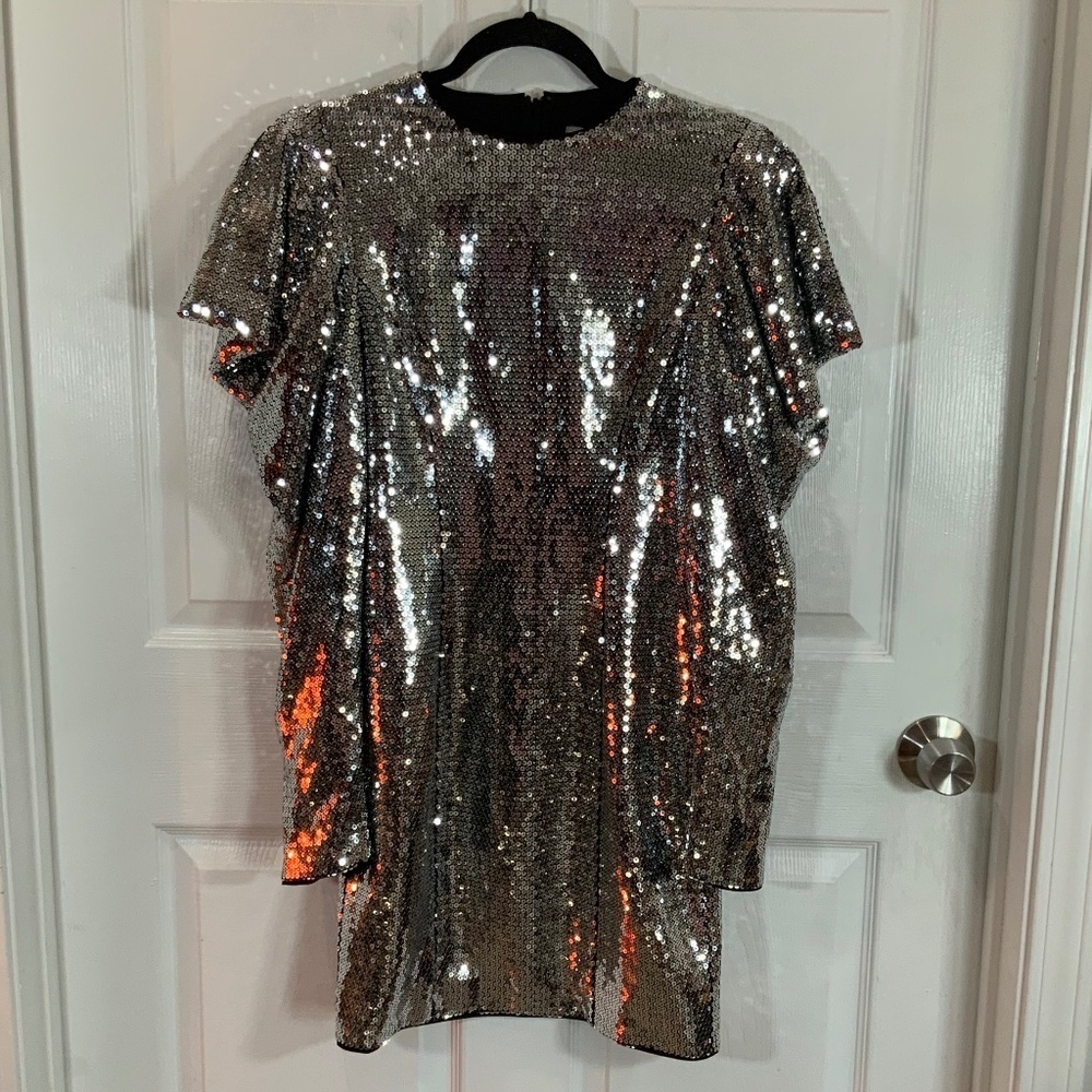 ASOS Silver Sequin Mini Dress Disco Glam Party Festival Metallic Shine Size 4